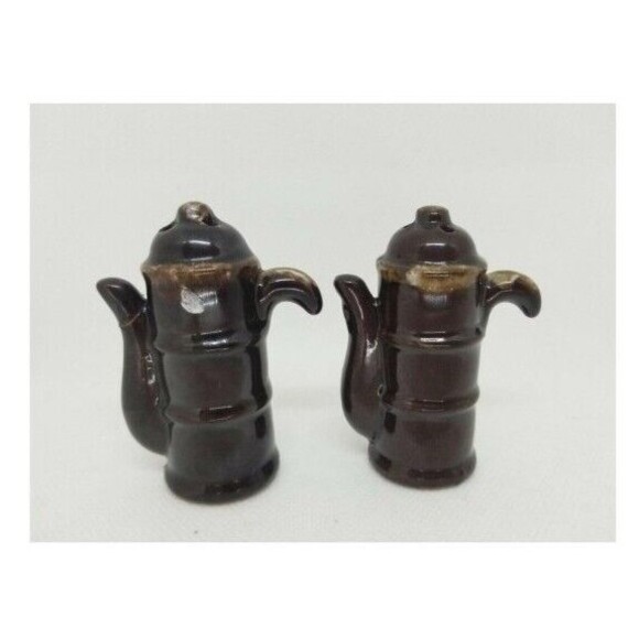Vintage Teapot TWO SALT Shakers Tea Pots Brown Coffee Kettles VTG 2 Mid Century - Picture 4 of 15
